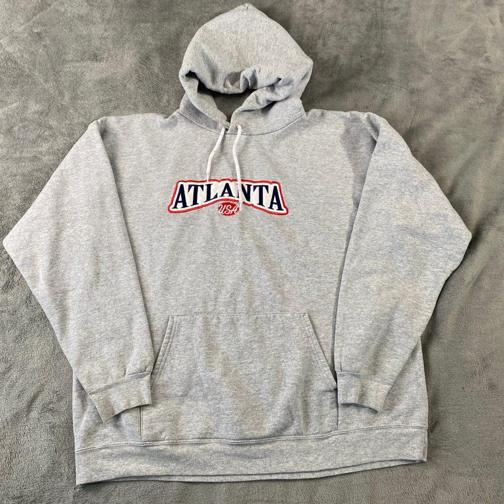 VTG Hanes Atlanta USA Hoodie Men L Gray Ultimate Cotton PrintPro Pullover Fleece
